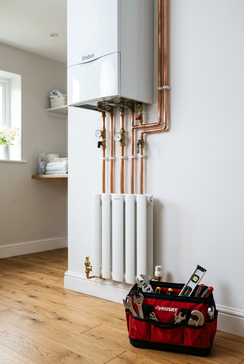 Wall-mounted boiler with copper pipework, radiator and tool bag
